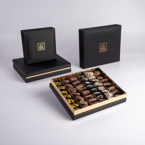 Luxury Emirati date gift box from The Date Room featuring gourmet stuffed and chocolate-covered dates